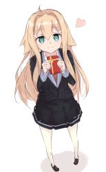 Rule 34 | 1girl, ahoge, black jacket, black skirt, blonde hair, blush, box, brown footwear, closed mouth, commentary request, full body, gift, gift box, green eyes, hair between eyes, hair flaps, hair intakes, hair ornament, hairclip, heart, highres, holding, holding gift, iyojima anzu, jacket, loafers, long hair, long sleeves, looking at viewer, nogi lief, nogi wakaba wa yuusha de aru, pleated skirt, shirt, shoes, simple background, skirt, smile, solo, standing, very long hair, white background, white shirt, yuusha de aru