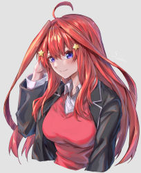 Rule 34 | 1girl, ahoge, artist name, black jacket, blazer, blush, breasts, closed mouth, collared shirt, commentary, cropped torso, eyebrows hidden by hair, go-toubun no hanayome, grey background, hair between eyes, hair ornament, hand in own hair, hand up, hatching (texture), highres, jacket, large breasts, layered sleeves, long hair, long sleeves, looking at viewer, nakano itsuki, open clothes, open jacket, purple eyes, red hair, red sweater, sakazuki sudama, shirt, sideways glance, signature, simple background, smile, solo, split mouth, star (symbol), star hair ornament, sweater, upper body, v-neck, white shirt, wing collar