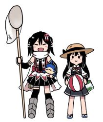 Rule 34 | &gt;:&gt;, 2girls, :d, asashio (kancolle), asymmetrical legwear, ball, beachball, black hair, blush, butterfly net, closed eyes, elbow gloves, full body, gloves, hair ornament, hand net, hat, kantai collection, looking at viewer, multiple girls, necktie, open mouth, pleated skirt, sandals, scarf, sendai (kancolle), simple background, skirt, smile, standing, straw hat, stuffed animal, stuffed shark, stuffed toy, terrajin, twintails, two side up, uneven legwear, v-shaped eyebrows, white background
