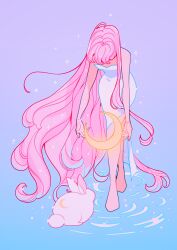 Rule 34 | 1girl, absurdly long hair, absurdres, bare shoulders, barefoot, blue background, crescent, dress, full body, glowing, gradient background, highres, long hair, meyoco, original, pink hair, purple background, ripples, solo, standing, strapless, strapless dress, very long hair, white dress, white rabbit (animal)