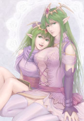 Rule 34 | 2girls, breasts, cape, cleavage, detached sleeves, fire emblem, fire emblem: mystery of the emblem, fire emblem: shadow dragon, green eyes, green hair, headdress, kinoeneko, long hair, mother and daughter, multiple girls, nagi (fire emblem), nintendo, pointy ears, ponytail, see-through, skirt, smile, thighhighs, tiki (fire emblem), tiki (young) (fire emblem), zettai ryouiki