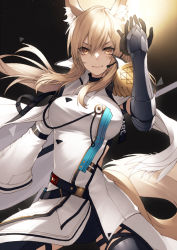 Rule 34 | 1girl, animal ear fluff, arknights, arm up, banned artist, belt, bishounen, blonde hair, breasts, closed mouth, coat, feet out of frame, gauntlets, headset, kyoeiki, large breasts, long hair, looking at viewer, nearl (arknights), nearl the radiant knight (arknights), smile, solo, standing, white coat, yellow eyes