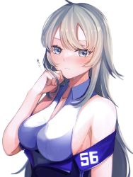 Rule 34 | 1girl, blush, breasts, cleavage, collared shirt, grey eyes, grey hair, highres, hot, kantai collection, large breasts, long hair, looking at viewer, numbered, parted lips, ranran 3939, shirt, simple background, sleeveless, sleeveless shirt, solo, sweat, translation request, upper body, washington (kancolle), washington kai (kancolle), white background, white shirt