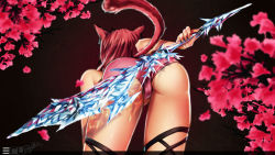 Rule 34 | 10s, 1girl, animal ears, arm behind back, ass, ass focus, warrior of light (ff14), bare shoulders, bent over, bikini, branch, cameltoe, cat ears, cat tail, close-up, cowboy shot, cross-laced footwear, earrings, eru-sennin, final fantasy, final fantasy xiv, flower, from behind, highres, holding, holding weapon, ice, jewelry, lace-up, leaning forward, legs apart, miqo&#039;te, partially visible vulva, petals, pink bikini, polearm, red hair, short hair, signature, single earring, solo, spear, swimsuit, tail, thighs, tree, weapon, weapon on back