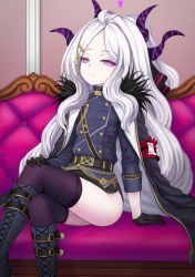 Rule 34 | 1girl, arm support, armband, ass, belt, black gloves, black thighhighs, blue archive, coat, coat on shoulders, commentary request, couch, crossed legs, demon girl, demon horns, forehead, fur-trimmed coat, fur trim, gloves, groin, hair ornament, hairclip, halo, highres, hina (blue archive), horns, long hair, long sleeves, looking at viewer, military, military uniform, parted bangs, poorgom, purple eyes, sidelocks, sitting, solo, thighhighs, uniform, white hair