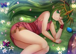 Rule 34 | 1girl, armpit crease, ass, bandaged arm, bandages, bangle, bare arms, bare legs, bare shoulders, blush, bracelet, breasts, bug, butterfly, child, commentary, commission, dappled sunlight, day, diadem, dress, english commentary, feet out of frame, fire emblem, flower, gem, grass, green hair, greyscale, half-closed eye, high ponytail, highres, insect, jewelry, kazenokaze, long hair, looking at viewer, monochrome, nintendo, on grass, on ground, one eye closed, outdoors, petals, pink dress, pointy ears, red ribbon, ribbon, sash, short dress, sideboob, sleeveless, sleeveless dress, small breasts, solo, sunlight, thighs, tiki (fire emblem), tiki (young) (fire emblem), waking up, wavy mouth, white flower, wiping face