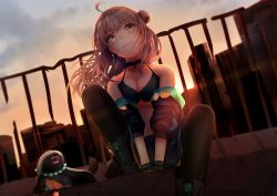 Rule 34 | 1girl, absurdres, ahoge, backlighting, bikini, bikini top only, black thighhighs, blonde hair, boots, breasts, choker, cleavage, collar, commission, girls&#039; frontline, guchagucha, hair bun, highres, honey badger, honey badger (girls&#039; frontline), long hair, looking at viewer, navel, pixiv commission, side bun, single side bun, small breasts, smile, solo, spiked collar, spikes, swimsuit, thighhighs, v arms