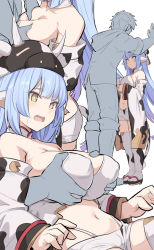 Rule 34 | 1boy, 1girl, animal ears, animal print, bare shoulders, blue hair, grabbing another&#039;s breast, breasts, catura (granblue fantasy), cow ears, cow hat, cow print, detached sleeves, draph, grabbing, grabbing from behind, gran (granblue fantasy), granblue fantasy, height difference, hetero, large breasts, long hair, multiple views, navel, open mouth, paizuri, shiseki hirame, shorts, simple background, standing, tabi, thighhighs, white background, white shorts, yellow eyes