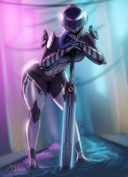 Rule 34 | 1girl, alternate costume, arcafterdark, bent over, blurry, blurry background, breasts, colored skin, feet in water, fortuna (warframe), gram (warframe), highres, leaning forward, leaning on object, leaning on weapon, legs apart, long tongue, looking at viewer, mag (warframe), midriff, multicolored skin, navel, open mouth, pussy, sharp teeth, signature, small breasts, solo, sword, teeth, tongue, warframe, weapon