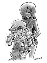 Rule 34 | 2girls, annie (skullgirls), belt, belt pouch, braid, eyepatch, funayama yasuaki, grabbing another&#039;s hair, greyscale, holding, holding weapon, long hair, looking down, monochrome, multiple girls, parasoul (skullgirls), pouch, size difference, skirt, skullgirls, smile, sweater, sword, turtleneck, turtleneck sweater, twin braids, weapon, you gonna get raped