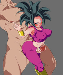 Rule 34 | 1girl, arched back, ass, bar censor, bent over, big hair, black eyes, black hair, blush, bouncing breasts, breasts, censored, clothed female nude male, covered erect nipples, dragon ball, dragon ball super, earrings, grey background, groin, hand up, handjob, jewelry, kefla (dragon ball), large breasts, legs, legs apart, legs together, looking back, midriff, naughty face, nipple stimulation, nipple tweak, nude, open mouth, penis, rom (20), simple background, sleeveless, solo focus, spiked hair, standing, thigh sex, thighs