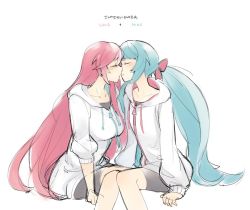 Rule 34 | 2girls, alternate hairstyle, bikini, blush, bow, breasts, character name, commentary, drawstring, english commentary, english text, closed eyes, flat chest, ge-b, green hair, hair bow, hatsune miku, hood, hood down, hoodie, imminent kiss, interviewer (vocaloid), invisible chair, large breasts, long hair, low twintails, megurine luka, multiple girls, pink bow, pink hair, sitting, sketch, sleeves past wrists, sleeves pushed up, swimsuit, twintails, very long hair, vocaloid, white background, white hoodie, yuri, zipper