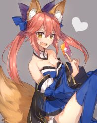 Rule 34 | 10s, 1girl, animal ears, apple, apple inc., bad id, bad pixiv id, bare shoulders, blue thighhighs, blush, bow, breasts, card, chocoan, cleavage, collarbone, detached sleeves, fang, fate/extra, fate (series), food, fox ears, fox tail, fruit, hair bow, hair ribbon, holding, holding card, japanese clothes, large breasts, long hair, looking at viewer, open mouth, panties, pantyshot, pink hair, ribbon, smile, solo, tail, tamamo (fate), tamamo no mae (fate/extra), thighhighs, twintails, underwear, white panties, yellow eyes