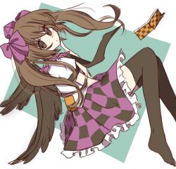 Rule 34 | 1girl, black thighhighs, bow, brown eyes, brown hair, cellphone, checkered clothes, checkered skirt, closed mouth, dot mouth, dot nose, finger to own chin, frilled skirt, frills, from side, full body, green background, hair bow, hat, himekaidou hatate, index finger raised, long hair, looking at viewer, looking to the side, no shoes, phone, puffy short sleeves, puffy sleeves, purple bow, purple hat, purple skirt, shimashiro itsuki, shirt, short sleeves, skirt, solo, thighhighs, tokin hat, touhou, two-tone background, white background, white shirt, zettai ryouiki