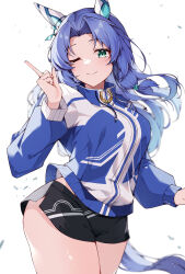 Rule 34 | 1girl, absurdres, animal ears, black shorts, blue hair, blue jacket, blurry, blush, breasts, closed mouth, cowboy shot, depth of field, ear covers, godolphin barb (umamusume), green eyes, hand up, high collar, highres, horse ears, horse girl, horse tail, index finger raised, jacket, long hair, long sleeves, looking at viewer, medium breasts, misoni (mi so ni t), one eye closed, parted bangs, short shorts, shorts, smile, solo, tail, track jacket, umamusume