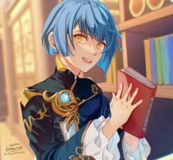 Rule 34 | 1boy, bishounen, blue hair, blurry, blurry background, book, bookshelf, chinese clothes, commentary, earrings, english commentary, genshin impact, holding, holding book, jewelry, looking at viewer, male focus, orange eyes, short hair, smile, soc nau, solo, xingqiu (genshin impact)