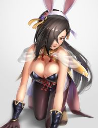 Rule 34 | 1girl, animal ears, breasts, brown eyes, brown hair, cleavage, fake animal ears, fire emblem, fire emblem fates, fire emblem heroes, gloves, gonzarez, hair over one eye, kagero (fire emblem), kagero (spring) (fire emblem), large breasts, leotard, long hair, looking at viewer, ninja, nintendo, pantyhose, playboy bunny, ponytail, rabbit ears, scarf, simple background, solo