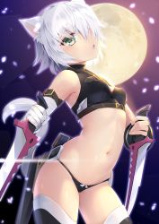 Rule 34 | 1girl, arched back, bandaged arm, bandages, black gloves, black panties, black thighhighs, covered erect nipples, cowboy shot, crop top, dagger, dual wielding, fate/apocrypha, fate (series), full moon, gloves, green eyes, hair over one eye, half-closed eyes, heart, heart-shaped pupils, highres, holding, impossible clothes, jack the ripper (fate/apocrypha), knife, looking at viewer, moon, mvv, navel, panties, parted lips, reverse grip, short hair, sidelocks, silver hair, single glove, solo, symbol-shaped pupils, thighhighs, thighs, underwear, weapon