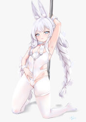Rule 34 | 1girl, :d, animal ears, arm up, armpits, azur lane, blue eyes, blush, braid, breasts, fake animal ears, gebukoro123, highres, kneehighs, le malin (azur lane), leotard, long hair, looking at viewer, open mouth, playboy bunny, pole, rabbit ears, small breasts, smile, socks, solo, sweat, thighhighs, twin braids, very long hair, white hair, white thighhighs, wrist cuffs