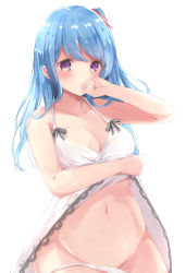 Rule 34 | 1girl, absurdres, bang dream!, black ribbon, blue hair, blush, breasts, cleavage, clenched hand, clothes lift, commentary request, covered erect nipples, covering own mouth, dress, dress lift, groin, hair ribbon, highres, long hair, looking at viewer, matsubara kanon, medium breasts, navel, one side up, panties, panty pull, pink ribbon, purple eyes, ribbon, simple background, solo, tomura2maru, underwear, white background, white dress, white panties