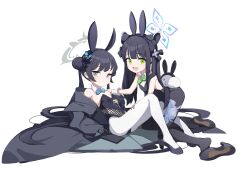 Rule 34 | 2girls, absurdres, animal ears, black hair, black leotard, black pantyhose, blue archive, bow, bowtie, braid, braided bun, butterfly hair ornament, closed mouth, detached collar, double bun, dragon print, fake animal ears, fake tail, green eyes, grey eyes, hair bun, hair ornament, halo, highres, kisaki (blue archive), leotard, long hair, multiple girls, open mouth, pantyhose, playboy bunny, rabbit ears, rabbit tail, shun (blue archive), shun (small) (blue archive), smile, strapless, strapless leotard, tail, tiger ears, toombo12, twintails, white pantyhose, wrist cuffs
