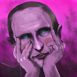 Rule 34 | 1boy, blue eyes, blush, chama (painter), formal, glowing, glowing eyes, hands on own cheeks, hands on own face, lips, male focus, mirai nikki, open mouth, parody, pink background, politician, portrait, real life, short hair, simple background, smile, solo, suit, vladimir putin, yandere trance