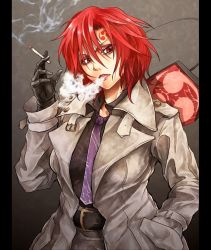 Rule 34 | 1girl, belt, black gloves, cigarette, coat, facial mark, gloves, hand in pocket, horikawa raiko, looking at viewer, necktie, purple necktie, red eyes, red hair, ryuuichi (f dragon), shirt, solo, tomoe (symbol), touhou, trench coat