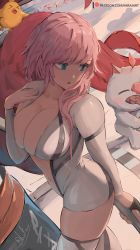Rule 34 | 1girl, blue eyes, breasts, center opening, cleavage, collarbone, dress, final fantasy, final fantasy xiii, large breasts, lightning farron, long hair, long sleeves, mirai hikari, navel, open mouth, pink hair, short dress, solo focus, thighhighs, thighs, white dress, white thighhighs