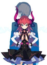 Rule 34 | &gt;:), 10s, 1boy, 1girl, asymmetrical horns, back-to-back, bad id, bad pixiv id, black dress, blue eyes, blurry, brown hair, claws, closed mouth, collarbone, cowboy shot, demon horns, depth of field, detached sleeves, dress, elizabeth bathory (fate), elizabeth bathory (fate/extra ccc), elizabeth bathory (first ascension) (fate), fate/extra, fate/extra ccc, fate (series), flat chest, formal, frills, hair ribbon, hands on own hips, highres, horns, kishinami hakuno (male), layered dress, legs apart, long sleeves, looking afar, looking at viewer, looking to the side, pointy ears, red hair, ribbon, short hair, smile, solo focus, standing, suit, suminagashi, tsurime, uneven horns, v-shaped eyebrows, wrist cuffs