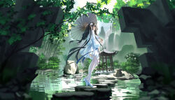 Rule 34 | 1girl, architecture, azur lane, bamboo, bamboo forest, black hair, blue ribbon, blunt bangs, braid, breasts, chinese clothes, clothing cutout, dress, east asian architecture, flower, forest, full body, green theme, hair behind ear, hair flower, hair ornament, hair rings, hanfu, high heels, highres, holding, holding umbrella, jiu dao fan yin, legs, long hair, long sleeves, looking back, braided hair rings, medium breasts, mountain, nature, official alternate costume, oil-paper umbrella, parasol, puffy long sleeves, puffy sleeves, red eyes, ribbon, scenery, see-through, see-through legwear, see-through sleeves, shoes, short dress, skindentation, sky, smile, solo, thighhighs, toes, umbrella, very long hair, water, waterfall, white dress, white flower, white thighhighs, yat sen (azur lane), yat sen (paragon of celestial grace) (azur lane)