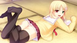 Rule 34 | 1boy, ass, black thighhighs, blonde hair, feet, game cg, green eyes, hair ornament, hairclip, heterochromia, josou gakuenn, legs up, long hair, looking at viewer, lying, lying on ground, male focus, necktie, on stomach, open mouth, panties, red eyes, school uniform, skirt, solo, thighhighs, thighs, trap, underwear, yaoi