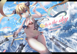 Rule 34 | 1girl, absurdres, ahoge, aircraft, airplane, albacore (warship girls r), american flag bikini, arm up, bikini, blonde hair, blue eyes, blue sky, breasts, cannon, closed mouth, cloud, day, english text, explosion, flag print, hair between eyes, highres, holding, holding weapon, john (510490061), letterboxed, looking at viewer, machinery, navel, outdoors, outside border, side-tie bikini bottom, sky, small breasts, solo, swimsuit, text focus, torpedo, twintails, warship girls r, water, waves, weapon
