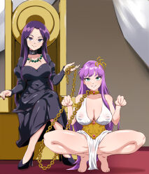 Rule 34 | 2girls, athena (saint seiya), bare arms, bare legs, bare shoulders, barefoot, black choker, black dress, black footwear, black nails, blush, breasts, chain, chain leash, choker, cleavage, closed mouth, collar, collarbone, covered erect nipples, crossed legs, dot nose, dress, eyebrows, eyelashes, female focus, full body, goth fashion, green eyes, grin, hands up, high heels, indoors, jewelry, kido saori, large breasts, leash, long hair, long sleeves, looking at viewer, masochism, matching hair/eyes, multiple girls, nail polish, naughty face, necklace, pandora (saint seiya), parted lips, paw pose, pearl necklace, pet play, purple eyes, purple hair, saint seiya, silberspoon, sitting, slave, smile, spread legs, squatting, teeth, tiptoes, toenails, very long hair, wet, wet clothes, white dress, wide spread legs