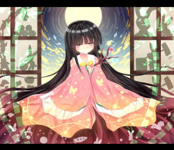 Rule 34 | 1girl, black hair, blush, branch, dress, full moon, highres, hime cut, houraisan kaguya, japanese clothes, jeweled branch of hourai, letterboxed, long hair, moon, purple eyes, sky, smile, solo, star (sky), starry sky, touhou, xe-cox