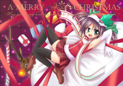 Rule 34 | 1girl, :d, black thighhighs, boots, box, brown footwear, brown hair, christmas, elbow gloves, gift, gift box, gloves, green eyes, green ribbon, hair ribbon, hat, holly, makino (ukiuo), miniskirt, open mouth, original, plaid, plaid skirt, red ribbon, reindeer, ribbon, sack, santa costume, santa hat, scarf, shirt, skirt, sleeveless, sleeveless shirt, smile, solo, thighhighs, twintails, white gloves