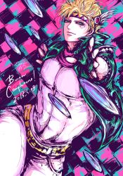 Rule 34 | 1boy, bad id, bad pixiv id, blonde hair, bubble, caesar anthonio zeppeli, dated, facial mark, feather hair ornament, feathers, fingerless gloves, gloves, green eyes, green jacket, hair ornament, headband, hydrokinesis, jacket, jojo no kimyou na bouken, male focus, pinnappleorange, scarf, solo, water