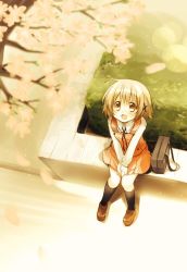 Rule 34 | 1girl, brown hair, cherry blossoms, from above, hidamari sketch, looking up, open mouth, quro (black river), school uniform, short hair, sitting, skirt, smile, solo, v arms, yuno (hidamari sketch)