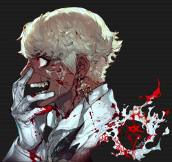 Rule 34 | 1boy, blonde hair, blood, blood splatter, crazy eyes, dark-skinned male, dark knight (final fantasy), dark skin, earrings, final fantasy, final fantasy xiv, from side, gloves, grey background, hand up, hyur, jewelry, long sleeves, male focus, open mouth, pigeon666, profile, red eyes, short hair, simple background, smile, solo, white gloves, wide-eyed