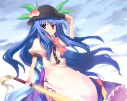 Rule 34 | 1girl, apron, bad id, bad pixiv id, blue hair, bow, dress, female focus, food, fruit, garigarigari, glowing, hand on headwear, hat, hat tip, highres, hinanawi tenshi, long hair, peach, red eyes, smile, solo, sunrise, sword, sword of hisou, touhou, weapon