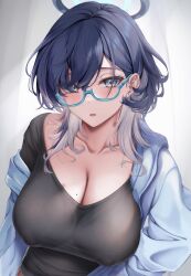 Rule 34 | 1girl, alternate costume, black hair, black shirt, blue-framed eyewear, blue archive, blue eyes, blue jacket, breasts, chihiro (blue archive), cleavage, collarbone, commentary request, covered erect nipples, earrings, grey hair, halo, hickey, highres, jacket, jewelry, large breasts, mole, mole on breast, open mouth, parted bangs, rai (newtype xm-x1), semi-rimless eyewear, shirt, solo, stud earrings, upper body, wolf cut