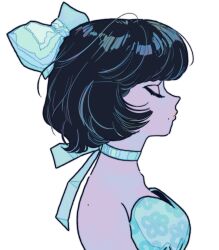 Rule 34 | 1girl, absurdres, bare shoulders, black hair, blue bow, blue choker, bow, breasts, choker, closed eyes, closed mouth, floral print, from side, frown, hair bow, highres, medium breasts, mole, mole on shoulder, mole under mouth, multiple moles, original, short hair, simple background, solo, strapless, upper body, white background, yosh1to