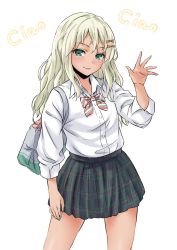 Rule 34 | 1girl, aged up, alternate costume, bag, black skirt, blonde hair, bow, bowtie, cowboy shot, dress shirt, grecale (kancolle), green eyes, hair ornament, hairclip, highres, kantai collection, long hair, long sleeves, looking at viewer, pink bow, plaid, plaid skirt, pleated skirt, school uniform, shirt, simple background, skirt, solo, standing, striped bow, striped bowtie, striped clothes, striped neckwear, takomeshi, tan, waving, wavy hair, white background, white shirt