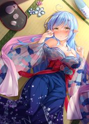 Rule 34 | 1girl, absurdres, ahoge, alcohol, aqua hair, bare shoulders, blush, bottle, bow, breasts, commentary request, detached sleeves, drunk, flower, hair ornament, hairclip, half updo, heart, heart ahoge, highres, hololive, huge filesize, japanese clothes, kimono, large breasts, long hair, long skirt, lying, nail polish, on back, on floor, parted lips, pointy ears, red bow, sash, shimo (shimo332215), sidelocks, skirt, solo, tea set, tray, virtual youtuber, wide sleeves, yellow eyes, yukihana lamy, yukihana lamy (new year)