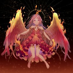 Rule 34 | 1girl, anklet, bare legs, bare shoulders, barefoot, black background, bomhat, commentary, dress, fire, forehead jewel, halo, highres, jewelry, long hair, looking at viewer, original, parted lips, pink eyes, pink hair, red background, red dress, solo, sparks, toes, wings