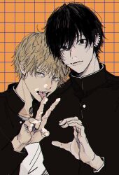 Rule 34 | 2boys, black eyes, black hair, black jacket, blonde hair, chainsaw man, closed mouth, cream, cream on face, denji (chainsaw man), earrings, empty eyes, food, food on face, grid background, hand up, heart hands failure, highres, jacket, jewelry, long sleeves, looking at viewer, male focus, mole, mole under mouth, multiple boys, namida a2, open mouth, orange background, school uniform, sharp teeth, shirt, short hair, smile, teeth, tongue, tongue out, v, white shirt, yellow eyes, yoshida hirofumi
