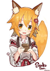 Rule 34 | 1girl, animal ear fluff, animal ears, character name, cup, fang, flower, fox ears, fox girl, fox tail, hair flower, hair ornament, highres, holding, holding cup, japanese clothes, miko, senko (sewayaki kitsune no senko-san), sewayaki kitsune no senko-san, skin fang, solo, tail, tea, twitter username, upper body, white background, yamacchi, yellow eyes