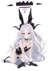 Rule 34 | 1girl, ahoge, all fours, alternate costume, animal ears, armpit crease, bare shoulders, black choker, black footwear, black gloves, black leotard, blue archive, breasts, chen bingyou, choker, cleavage, collarbone, demon horns, fake animal ears, fake tail, forehead, gloves, grey hair, halo, heart, heart choker, high heels, highres, hina (blue archive), horns, leotard, long hair, no wings, parted bangs, playboy bunny, purple eyes, rabbit ears, rabbit tail, revision, ringed eyes, simple background, small breasts, solo, tail, thighhighs, very long hair, wavy hair, white background, white thighhighs, wrist cuffs