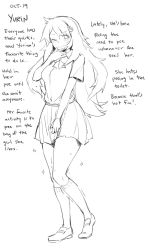 Rule 34 | 1girl, blush, character name, character profile, closed mouth, commentary, english commentary, english text, ge-b, greyscale, hair ornament, have to pee, highres, kneehighs, monochrome, one eye closed, original, skirt, smile, socks, solo
