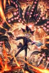 Rule 34 | 1boy, belt, black belt, black hair, blonde hair, bright pupils, card, clenched hand, commentary request, duel disk, fire, gandora-x the dragon of demolition, highres, holding, holding card, jacket, koma yoichi, lower teeth only, male focus, muto yugi, open clothes, open jacket, open mouth, pants, rock, school uniform, shirt, shoes, spiked hair, standing, teeth, tongue, white pupils, yu-gi-oh!