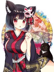 Rule 34 | 1girl, :o, animal, animal ear fluff, animal ears, azur lane, bad id, bad pixiv id, black cat, black hair, black kimono, blush, breasts, cat, cat ears, cat mask, commentary request, fang, fingernails, hand up, highres, japanese clothes, kimono, large breasts, long sleeves, looking at viewer, mask, mask on head, nail polish, parted lips, pink nails, red eyes, revision, ryoutan, short hair, sideboob, solo, wide sleeves, yamashiro (azur lane)